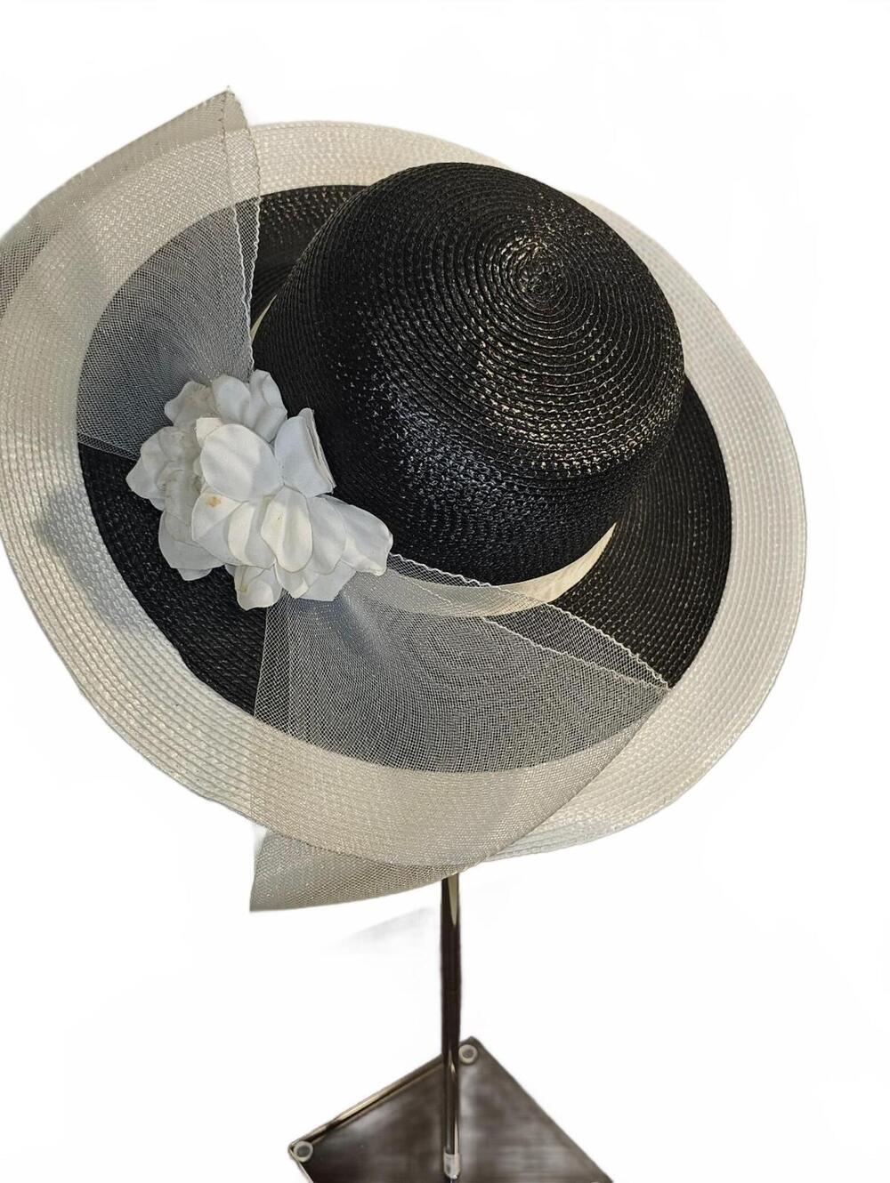 Black and White Wide Brim Dress Hat with Flower Veil